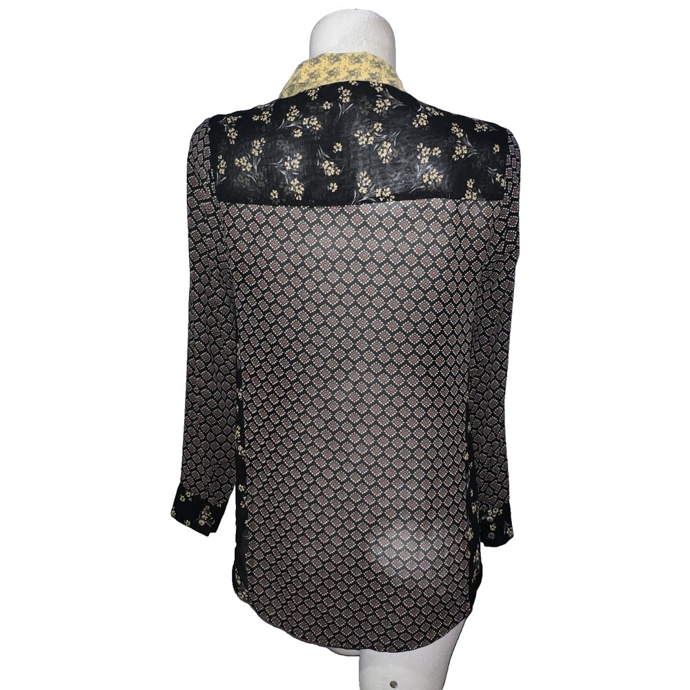 DR2 Womens Small Mixed Print Button Up Blouse Black Yellow Floral Geometric Top - Picture 5 of 10